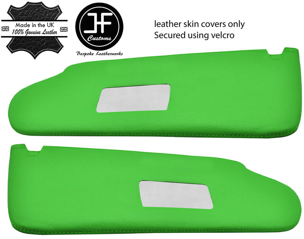 GREEN REAL LEATHER 2X SUN VISOR COVER FOR VW T6 TRANSPORTER 2 MIRROR CUTOUT