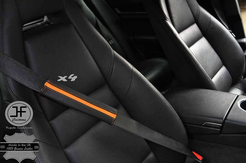 4X BLACK LEATHER & ORANGE STRIPE LUXURY SHOULDER SEAT BELT PADDED PADS