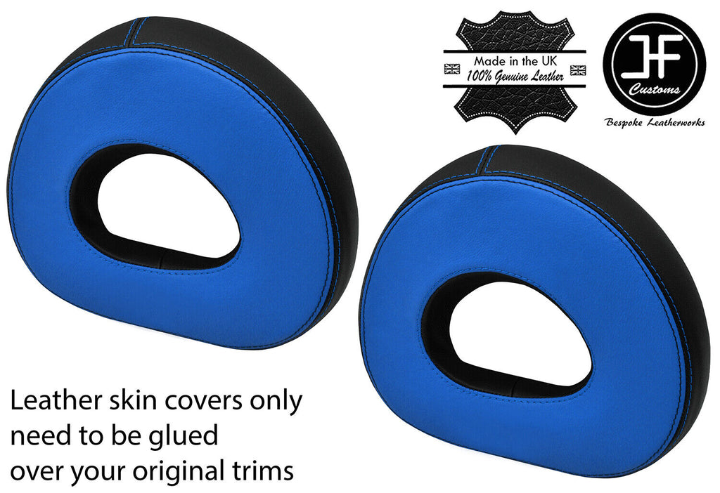 BLACK BLUE 2 TONE 2X HEADREST REAL LEATHER COVERS FOR SMART ROADSTER 452 03-05