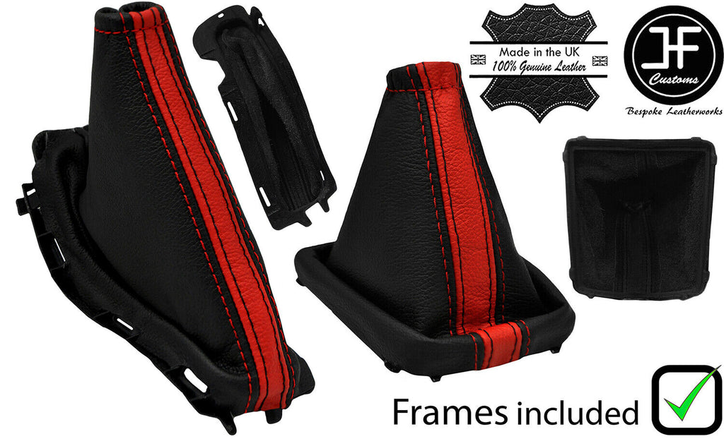 BLACK & RED STRIPE LEATHER GAITER SET +PLASTIC FRAME FOR FORD FOCUS MK2 05-08