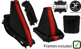 BLACK & RED STRIPE LEATHER GAITER SET +PLASTIC FRAME FOR FORD FOCUS MK2 05-08