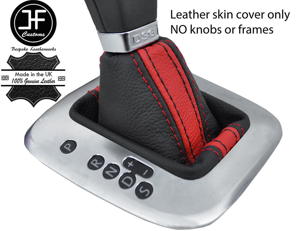 BLACK & RED STRIPE LEATHER DSG AUTOMATIC GEAR GAITER FOR VW POLO 6R 2009-2014