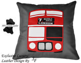 GREY EXCLUSIVE LUXURY LEATHER CUSHION RED LONDON BUS ROUTE MASTER DOUBLE DECKER