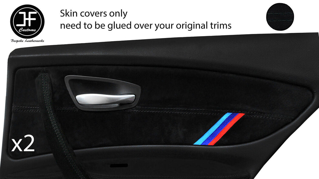 BLACK STITCH TRI STRIPE 2X REAR DOOR CARD TRIM SUEDE COVERS FOR BMW 1 E87 04-12