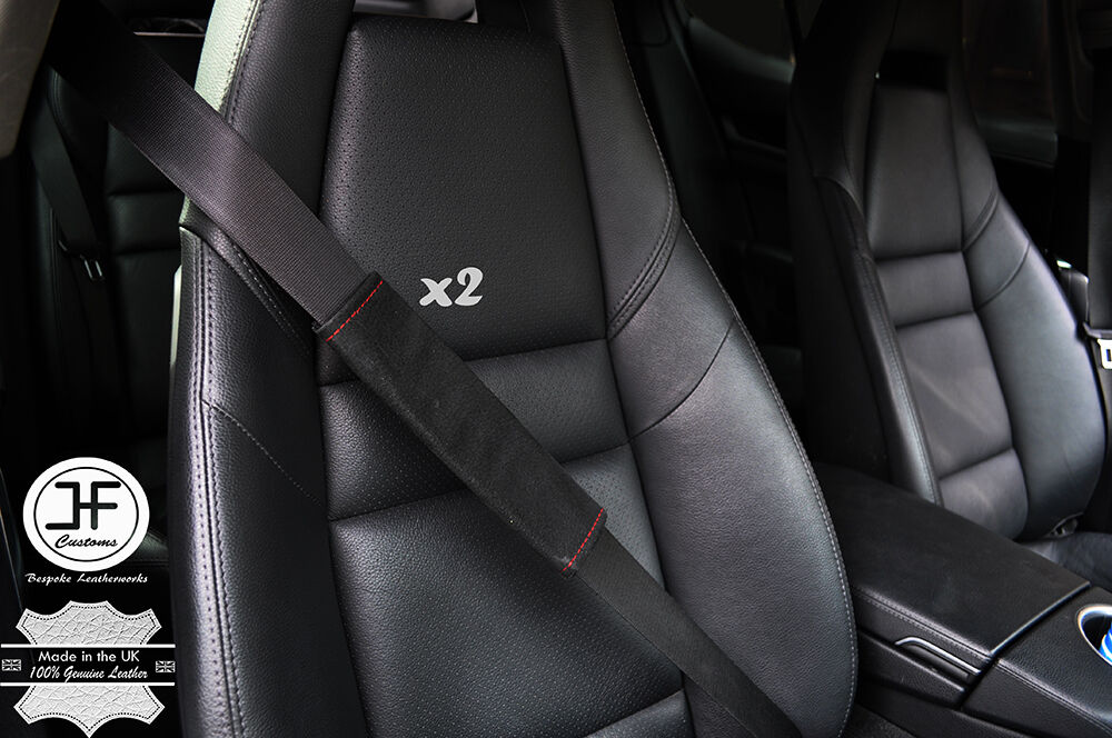 2X BLACK SUEDE RED STITCHING LUXURY SHOULDER SEAT BELT PADDED PADS CUSTOM NEW