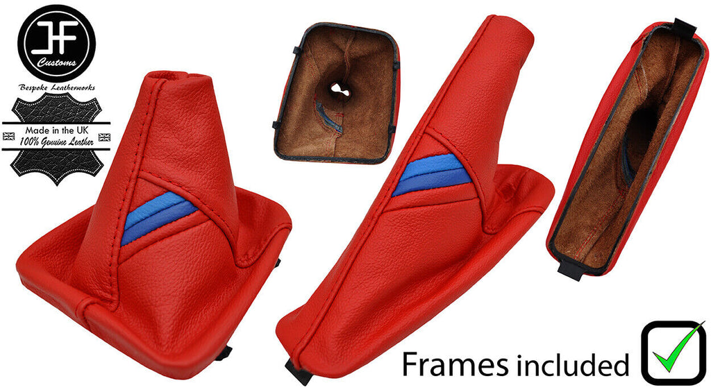 RED LEATHER TRI STRIPE MANUAL GAITER SET +PLASTIC FRAME FOR BMW 3 E46 3 99-05