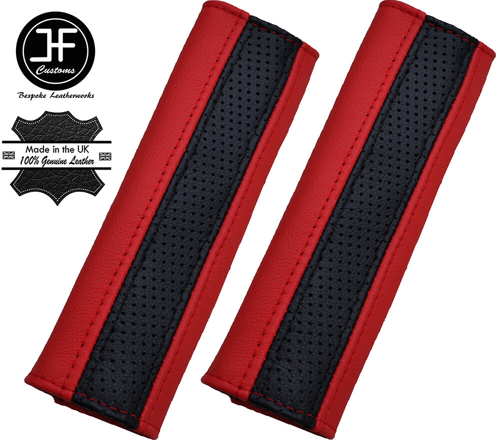 2X BLACK PERFORATED & RED LEATHER LUXURY SHOULDER SEAT BELT PADDED PADS