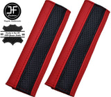 2X BLACK PERFORATED & RED LEATHER LUXURY SHOULDER SEAT BELT PADDED PADS