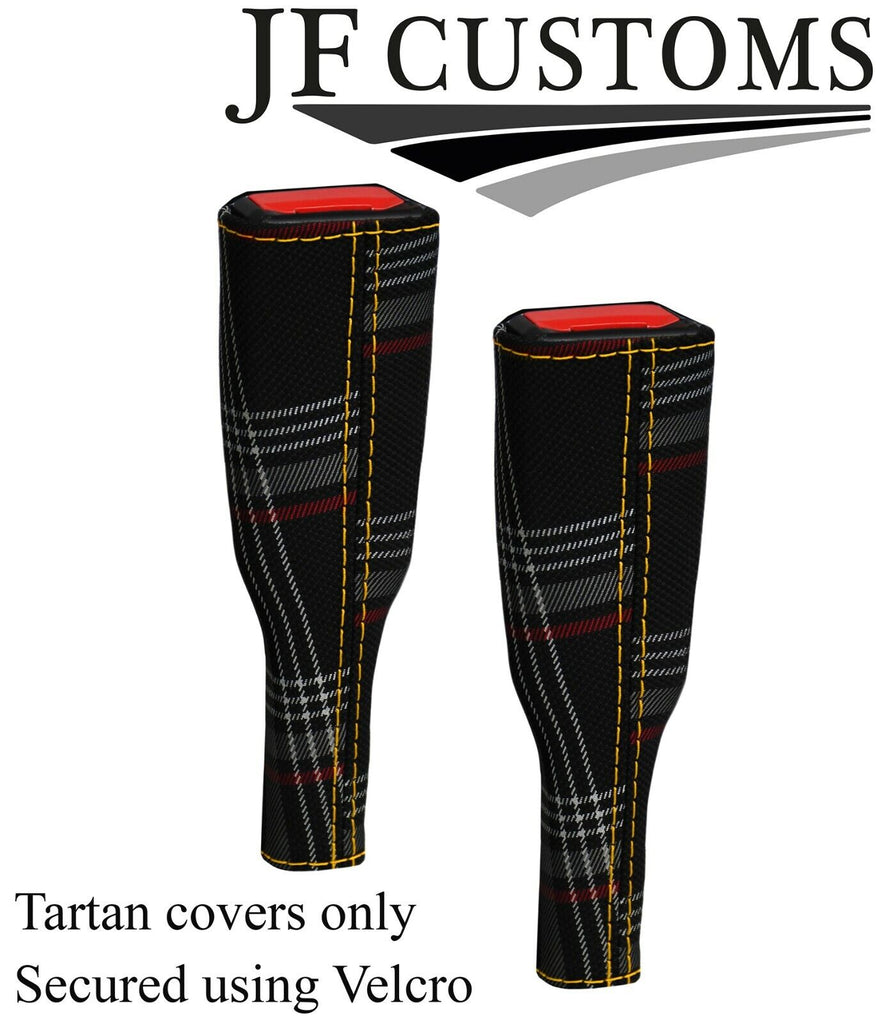 YELLOW STITCH RED TARTAN 2X SEAT BELT STALK TALL COVERS FOR VW AMAROK 2010-2020