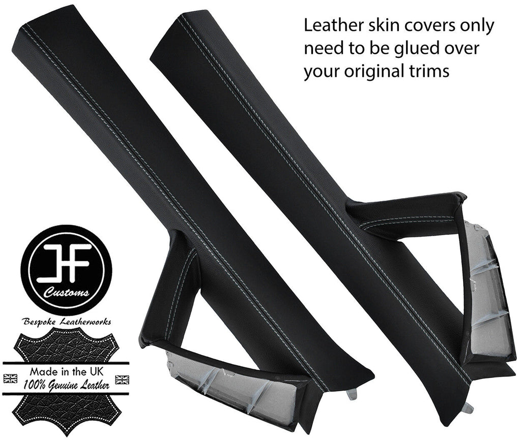 WHITE STITCHING 2X A PILLAR REAL LEATHER COVERS FOR SEAT LEON MK2 2005-2011