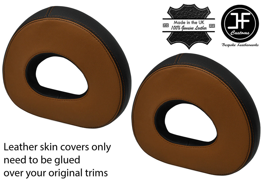 BLACK BROWN 2 TONE 2X HEADREST REAL LEATHER COVERS FOR SMART ROADSTER 452 03-05