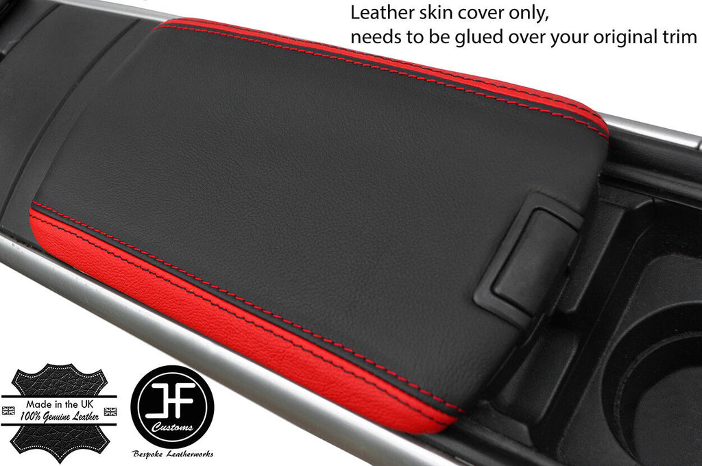 BLACK & RED TOP GRAIN REAL LEATHER FRONT ARMREST COVERS FITS MAZDA RX8 03-12