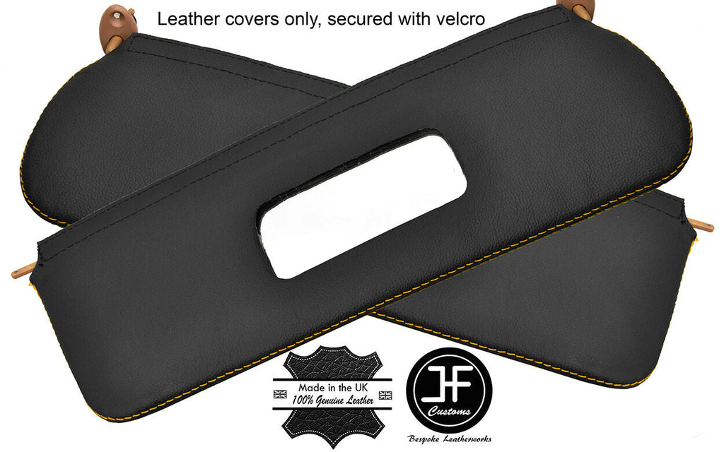 YELLOW STITCHING 2X SUN VISORS REAL LEATHER COVERS FITS FORD GRANADA MK1