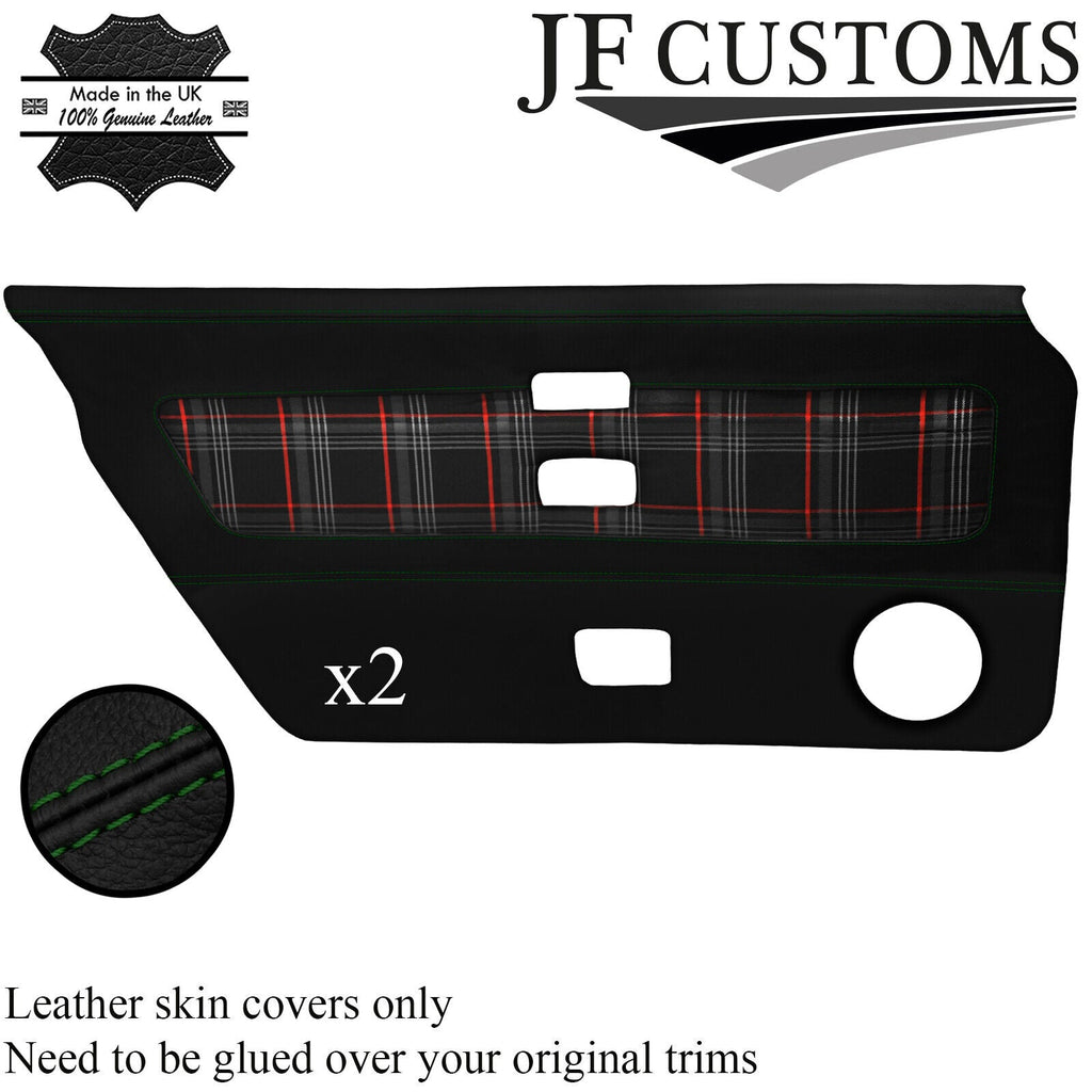 D GREEN STITCH LEATHER+RED TARTAN 2X DOOR CARD COVER FOR TRIUMPH TR8 78-81 JF2