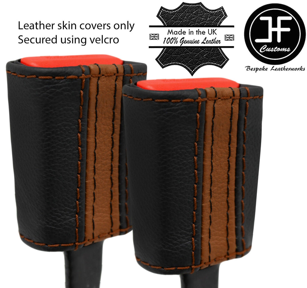 BLACK AND BROWN STRIPE 2X SEAT BELT LEATHER COVERS FOR FIAT 500 & ABARTH 07-19