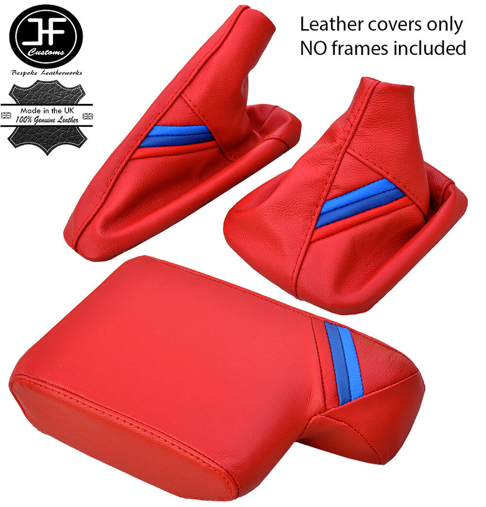 RED LEATHER TRI STRIPES GEAR HANDBRAKE ARMREST COVER FOR BMW SERIES 3 E36 91-99