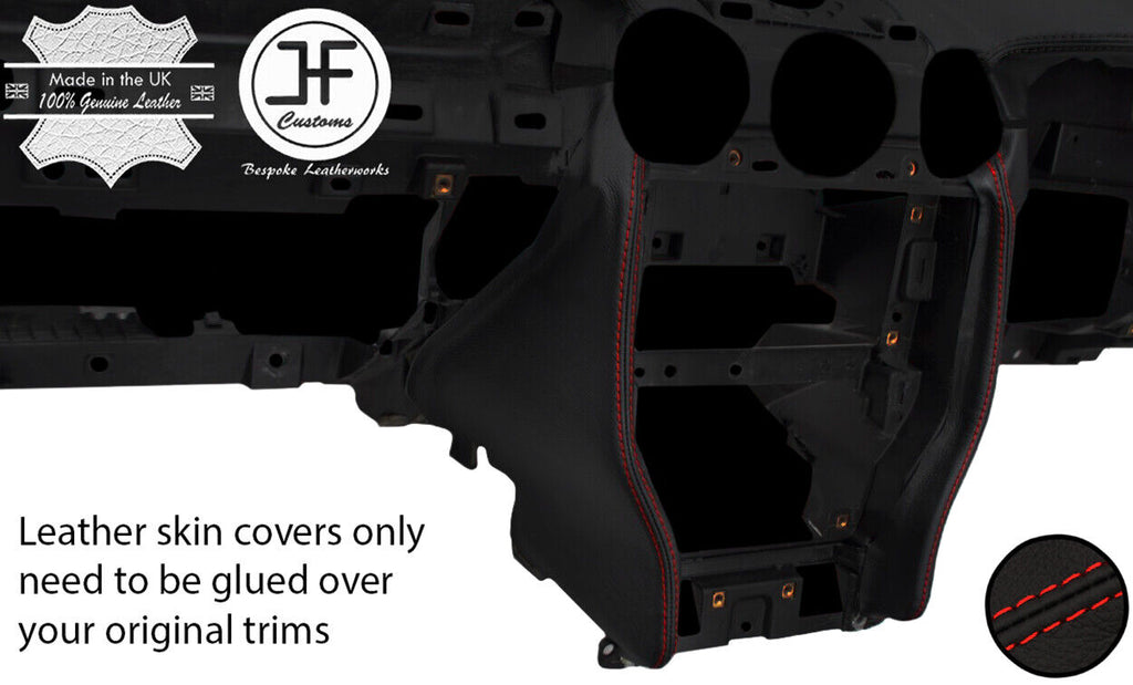 RED STITCH 2X RADIO SURROUND TRIM REAL LEATHER COVERS FOR FORD MUSTANG 15-19