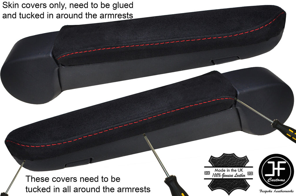 RED STITCHING 2X REAL SUEDE ARMREST COVERS FITS VW T5 TRANSPORTER CARAVELLE