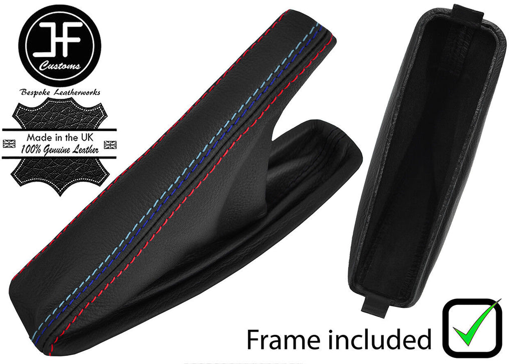 BLACK & TRI STITCH LEATHER HANDBRAKE GAITER WITH PLASTIC FRAME FOR BMW E46 99-05