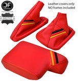 RED LEATHER GERMAN STRIPES GEAR HANDBRAKE ARMREST COVER FOR BMW E46 99-05