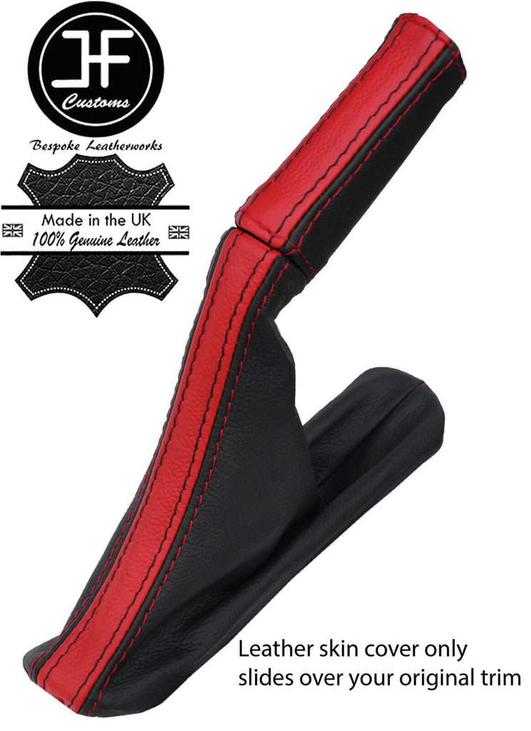 BLACK & RED TOP GRAIN LEATHER HANDBRAKE+HANDLE COVERS FOR FORD MUSTANG 15-17