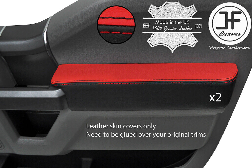 BLACK & RED LEATHER 2X FRONT DOOR CARD TRIM COVER FOR FORD F-150 F150 15-19