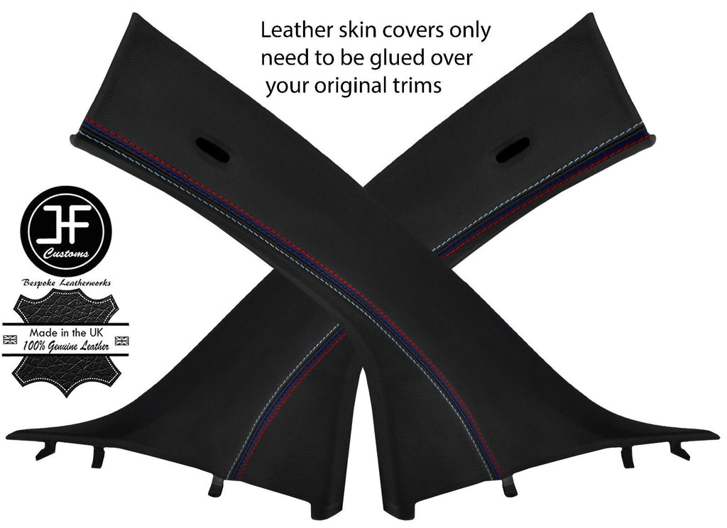 BLACK REAL LEATHER TRI STITCHING 2X A PILLAR  COVERS FOR BMW I3 2013-2018