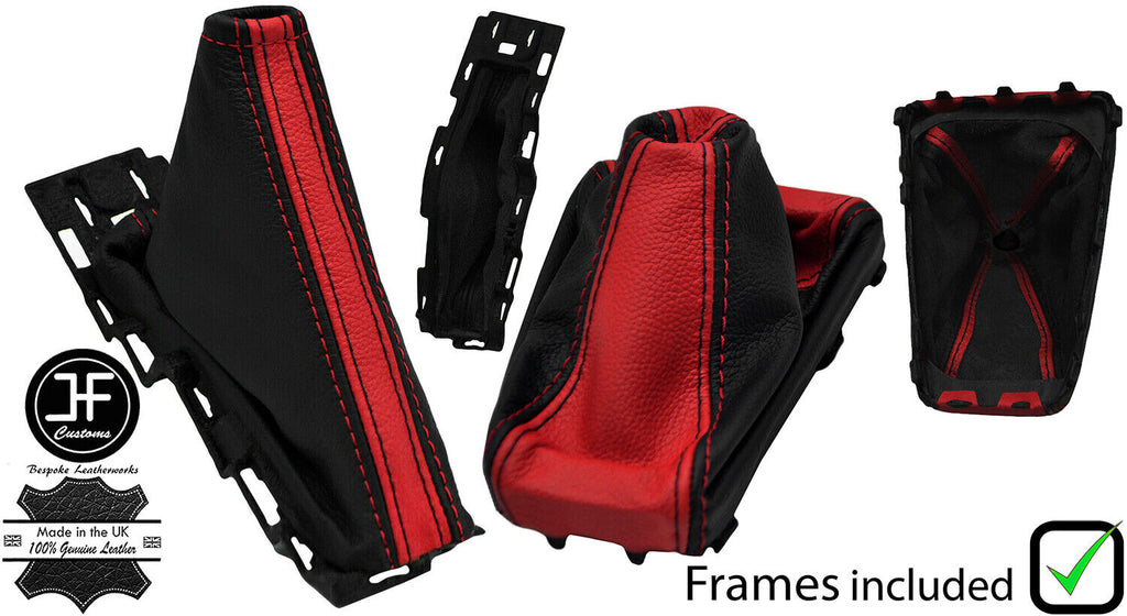 BLACK & RED LEATHER MANUAL GAITER SET + PLASTIC FRAME FITS FORD FOCUS 14-18