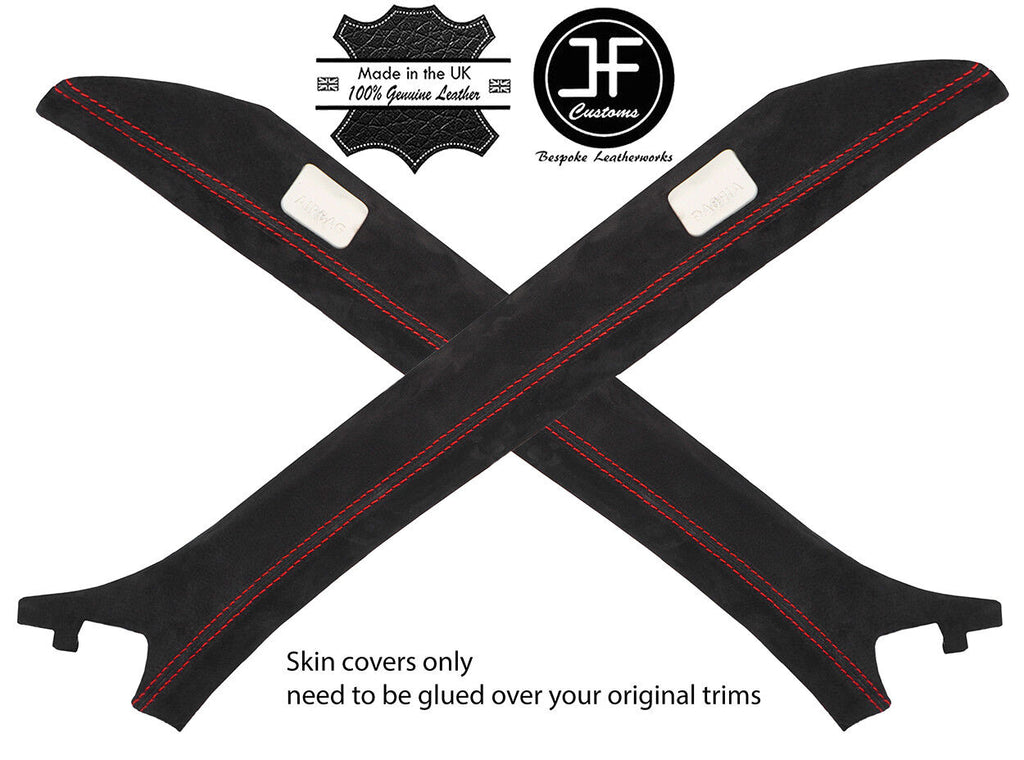 RED STITCH 2X A PILLAR REAL SUEDE COVERS FOR LAND ROVER DISCOVERY 4 09-16