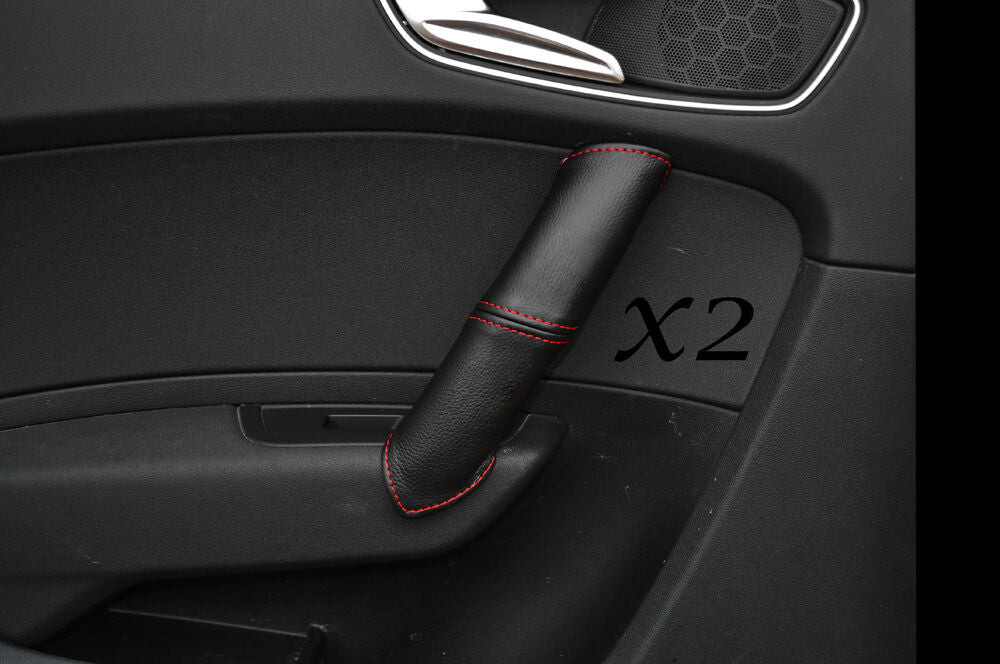 RED STITCH 2X REAR DOOR HANDLE LEATHER SKIN COVERS FITS AUDI A1 10-14 MADE IN UK