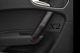 RED STITCH 2X REAR DOOR HANDLE LEATHER SKIN COVERS FITS AUDI A1 10-14 MADE IN UK