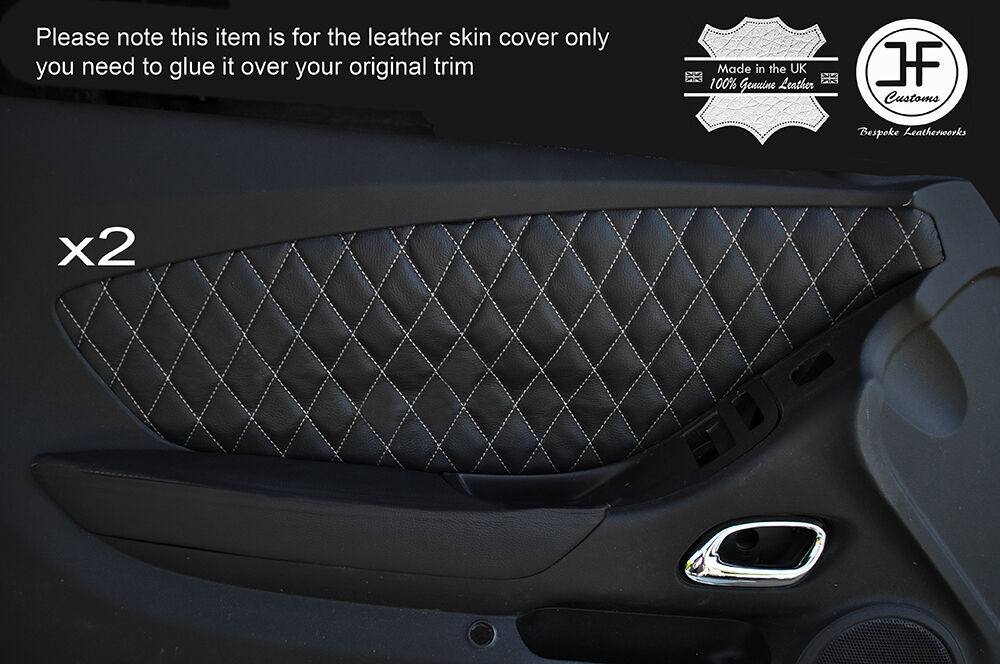 WHITE DIAMOND STITCH 2X FRONT DOOR CARD INSERT LEATHER COVERS FITS CAMARO 10-15