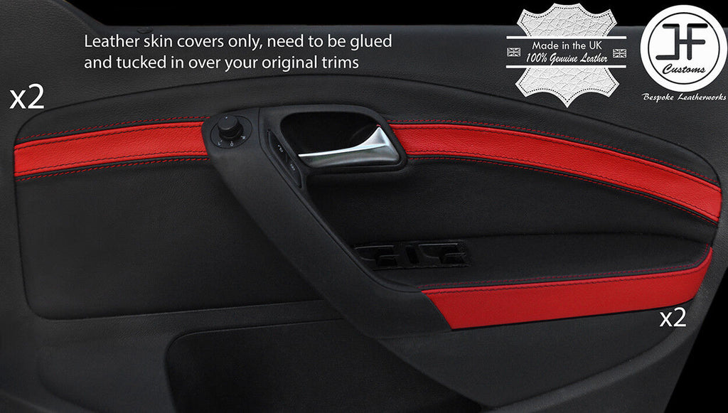 BLACK & RED 4X FRONT DOOR CARD LEATHER COVERS FOR VW POLO MK8 09-16 5 DOOR