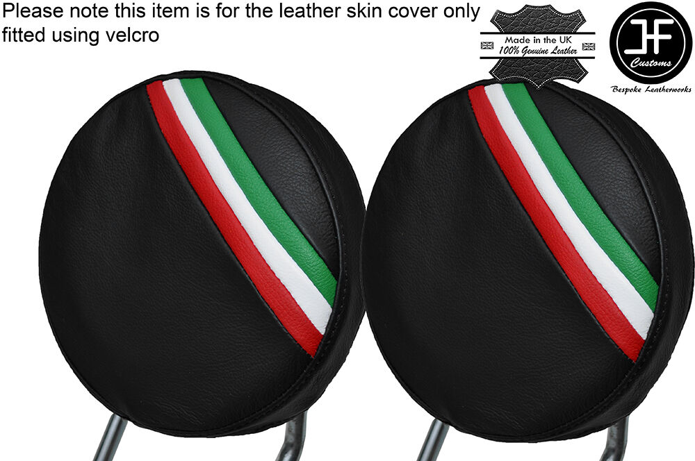 BLACK STITCH ITALIAN STRIPES 2X FRONT HEADREST SKIN COVER FITS FIAT 500 07-15