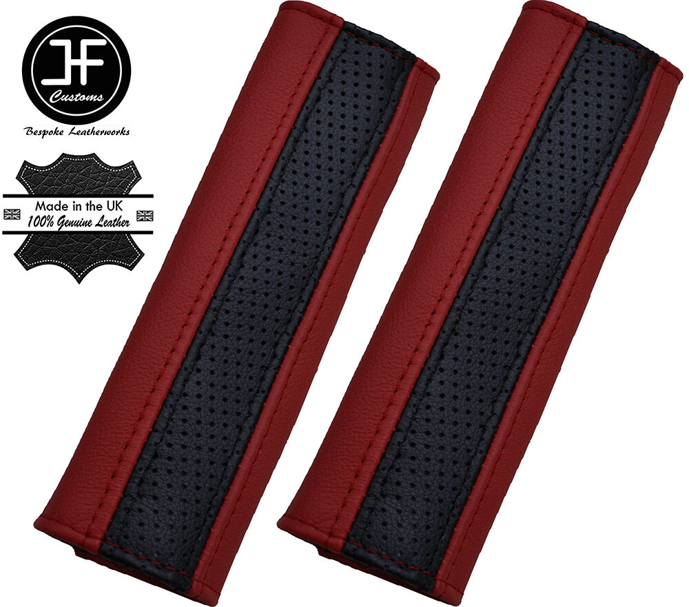 2X BLACK PERFORATED & DARK RED LEATHER LUXURY SHOULDER SEAT BELT PADDED PADS