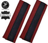 2X BLACK PERFORATED & DARK RED LEATHER LUXURY SHOULDER SEAT BELT PADDED PADS