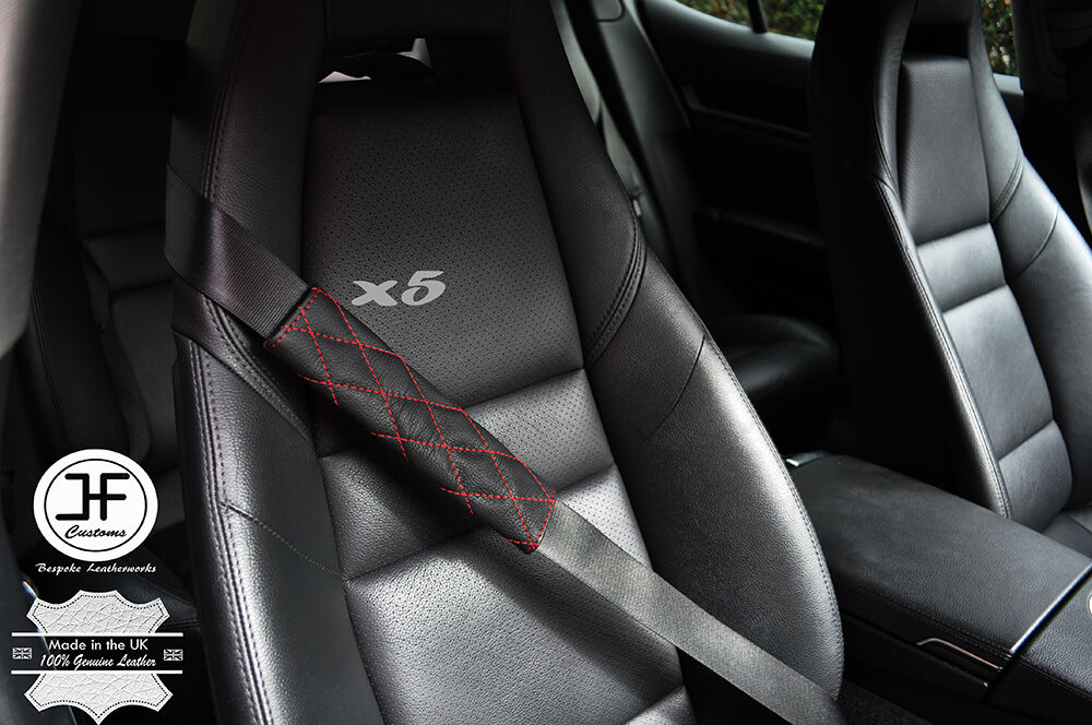 5X BRIGHT RED DIAMOND STITCH BLACK LEATHER LUXURY SHOULDER SEAT BELT PADDED PADS