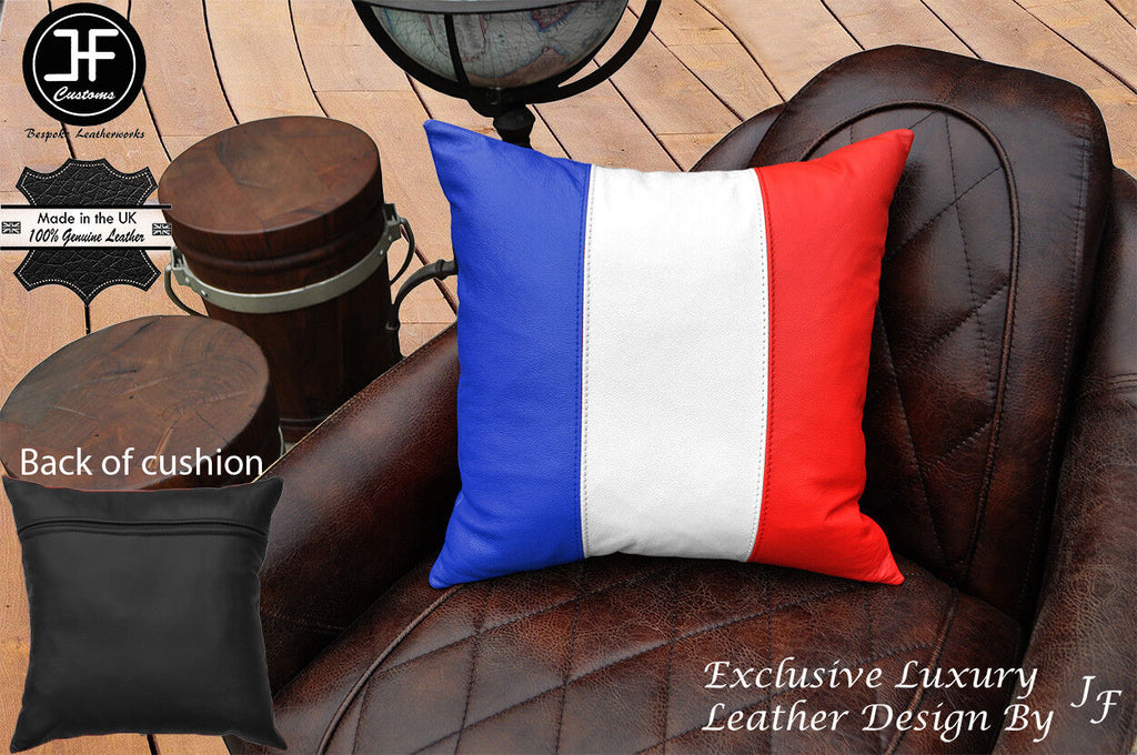 FRANCE FLAG COLOURS LEATHER 1X EXCLUSIVE LUXURY CUSHION 18"x18" BLACK BACK