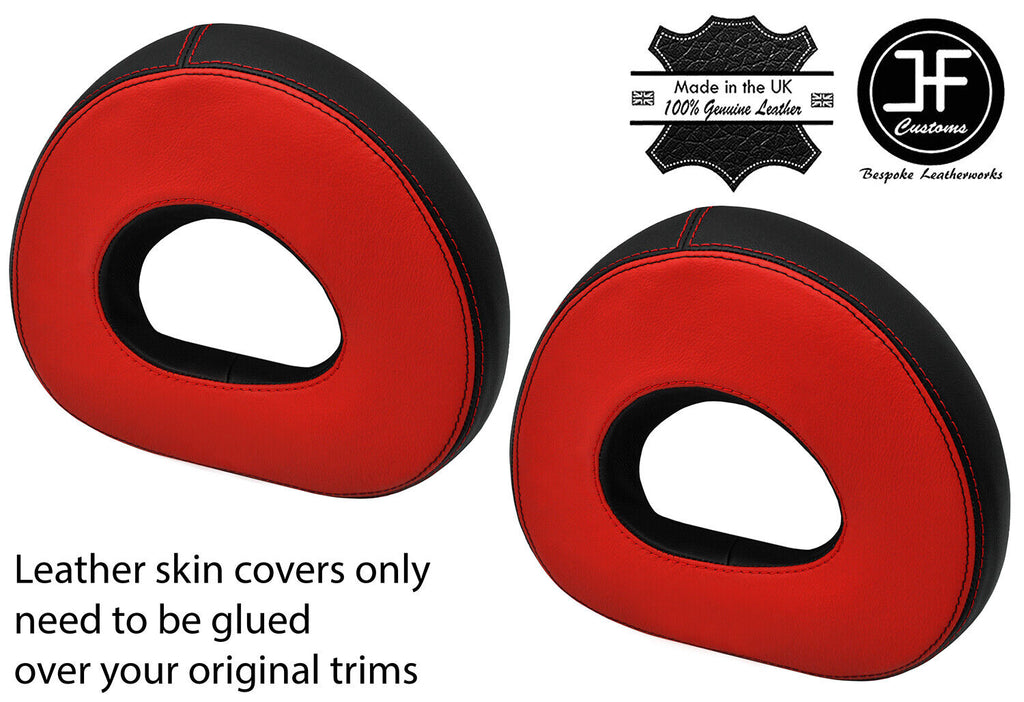 BLACK RED 2 TONE 2X HEADREST REAL LEATHER COVERS FOR SMART ROADSTER 452 03-05