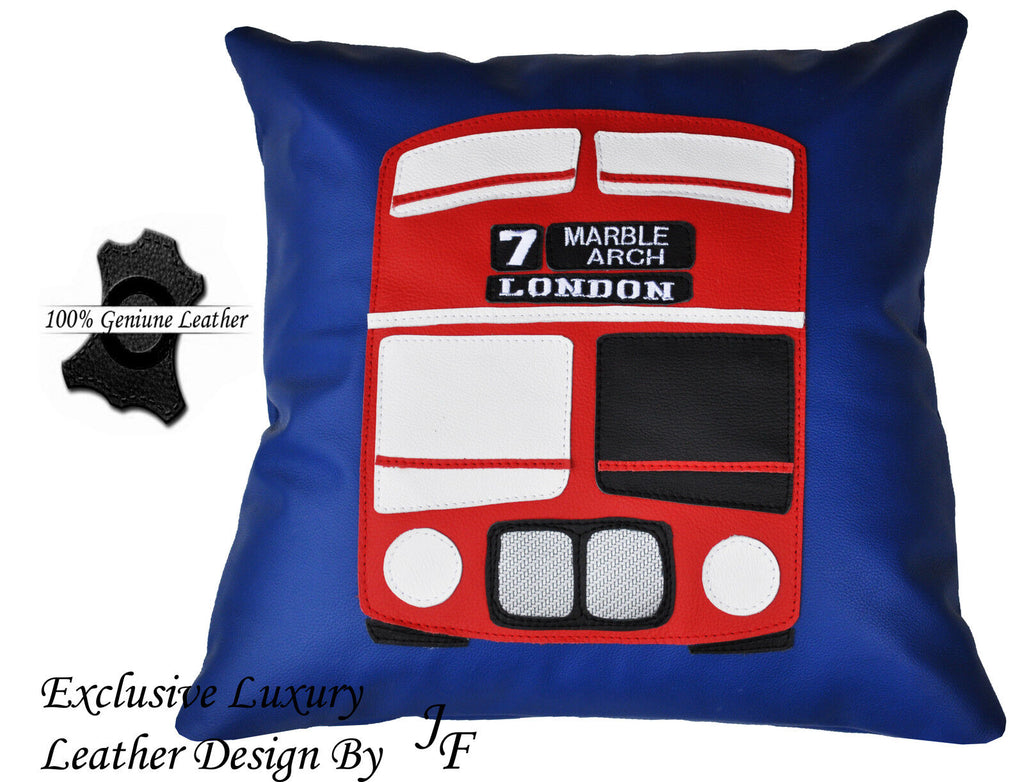 BLUE EXCLUSIVE LUXURY LEATHER CUSHION RED LONDON BUS ROUTE MASTER DOUBLE DECKER