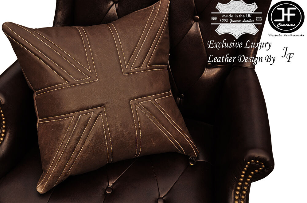 1X EXCLUSIVE LUXURY LEATHER CUSHION DISTRESSED BROWN UNION JACK PADDED 18"x18"