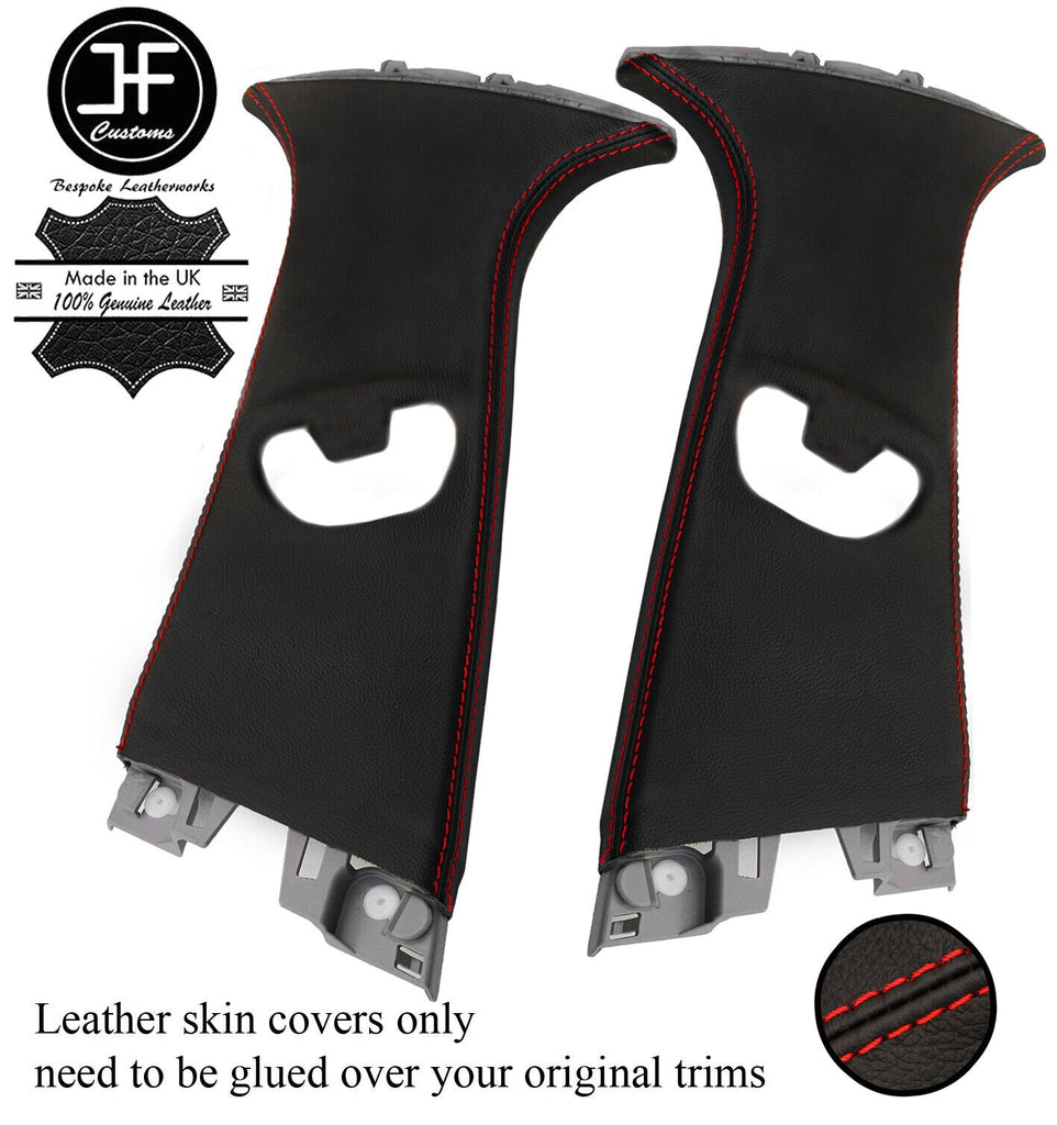 RED STITCH 2X UPPER B PILLAR LEATHER COVERS FOR BMW 1 SERIES F20 2011-2019