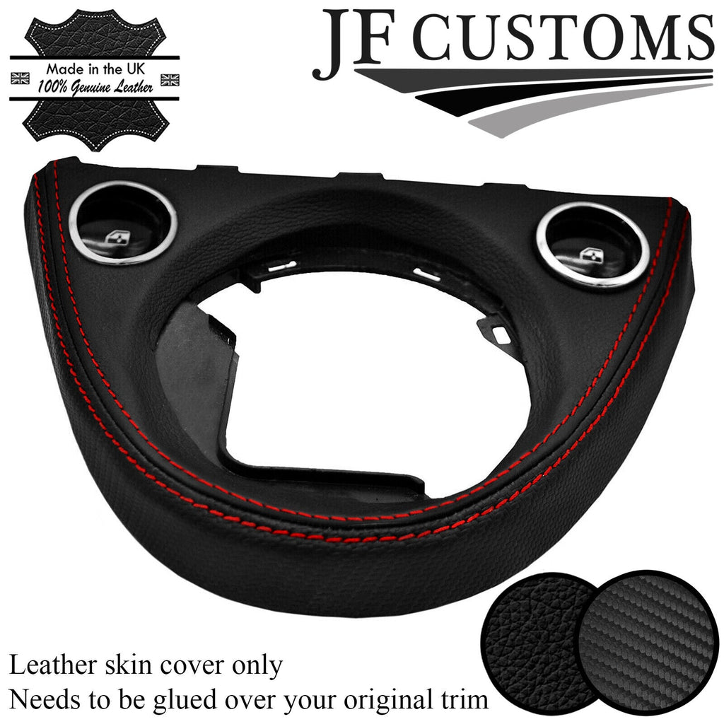 RED STITCH CARBON VINYL & LEATHER AUTO GEAR SURROUND COVER FOR FIAT 500 07-20