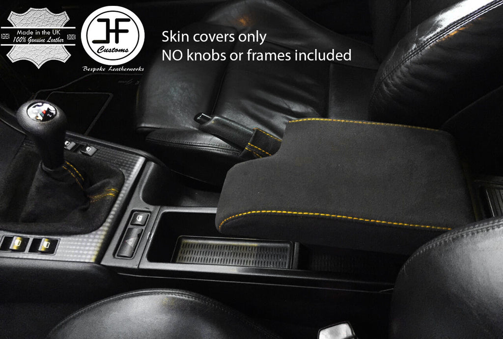 YELLOW STITCH REAL SUEDE GEAR HANDBRAKE & ARMREST COVER FITS BMW E46 1999-2005