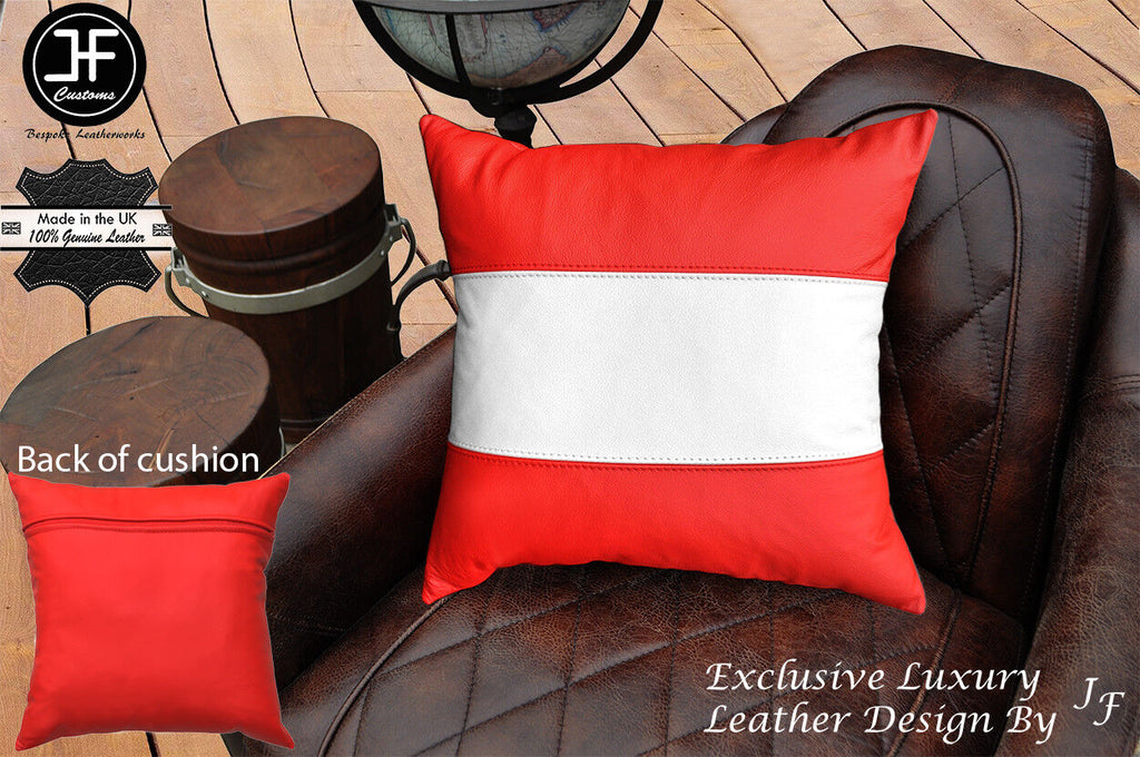AUSTRIA FLAG COLOUR LEATHER 1X EXCLUSIVE LUXURY CUSHION 18"x18" RED BACK