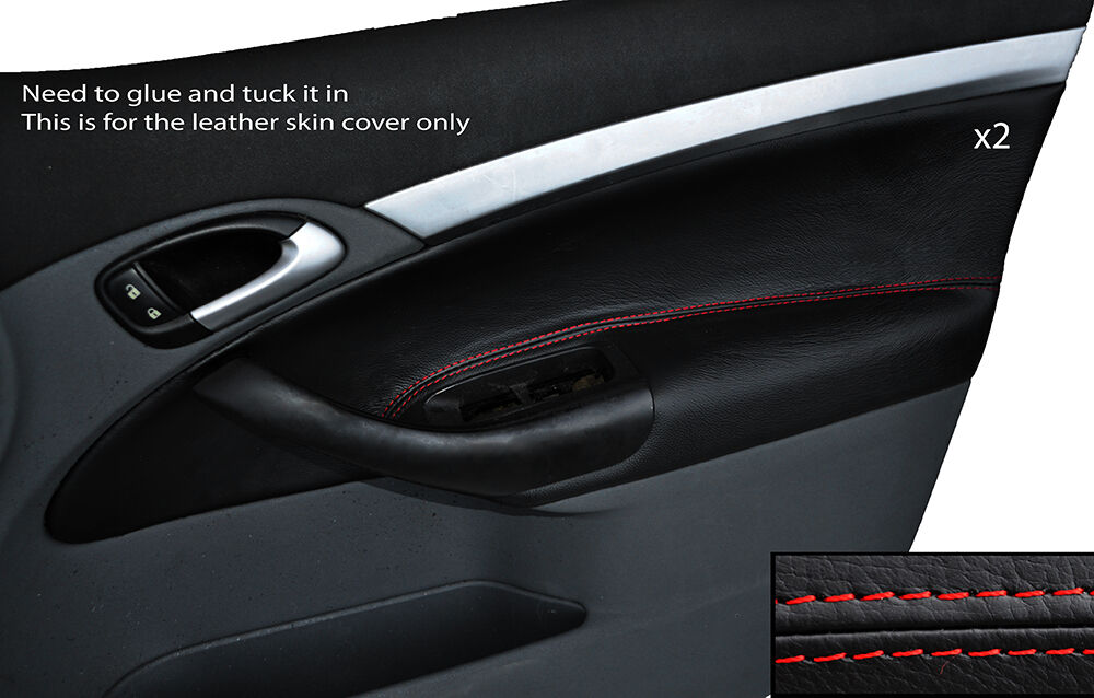 RED STITCH 2X FRONT DOOR CARD TRIM LEATHER SKIN COVER FITS SAAB 93 9-3 03-12