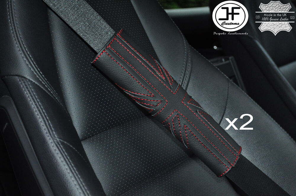 2X UNION JACK DESIGN RED STITCH LEATHER LUXURY SHOULDER SEAT BELT PADDED PADS