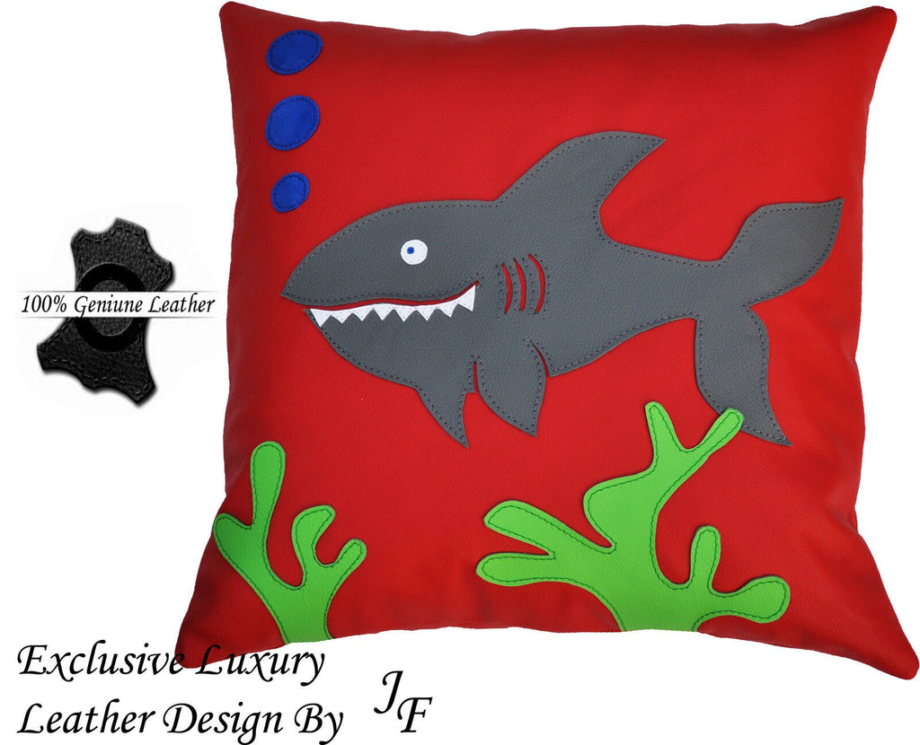EXCLUSIVE LUXURY GENUINE LEATHER CUSHION FOR PLAYROOM SEA LIFE SHARK RED