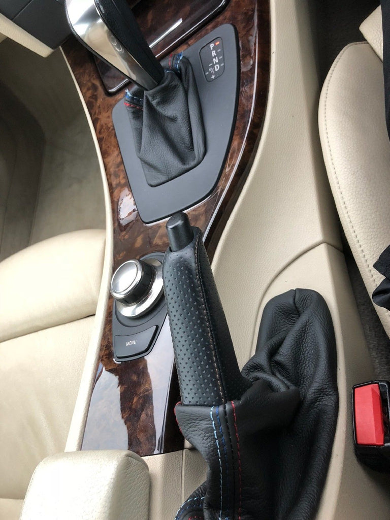 FITS BMW E90 91 92 93 AUTO AUTOMATIC LEATHER GEAR HANDBRAKE SET TRI STITCHING