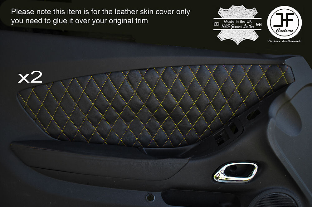 YELLOW DIAMOND STITCH 2X FRONT DOOR CARD INSERT LEATHER COVERS FITS CAMARO 10-15